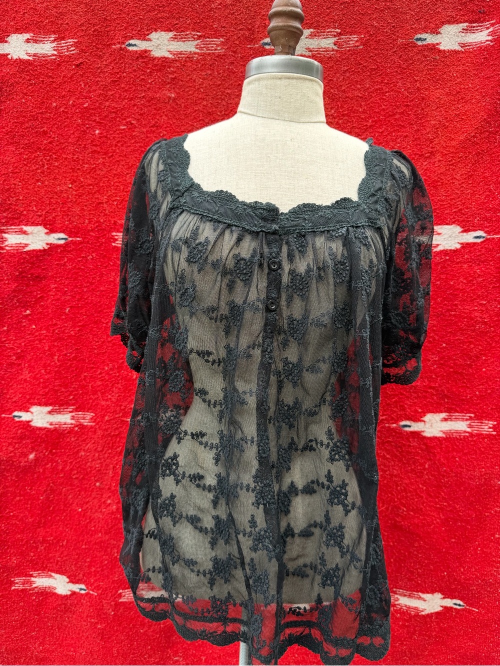 Vintage Ultra Pink Sheer Black Lace Blouse / dress with Scalloped Neckline